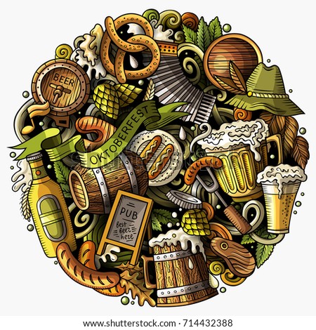 Cartoon vector doodles Beer fest illustration. Colorful, detailed, with lots of objects background. All objects separate. Bright colors Oktoberfest funny round picture