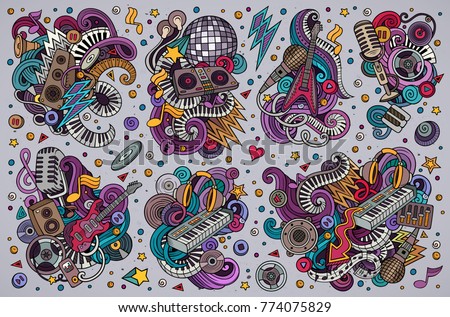 Colorful Vector Hand Drawn Doodles Cartoon Set Of Disco Music Combinations Objects And Elements