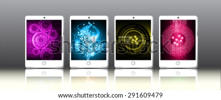 white Tablet pc on graphics digital screen. Technology background for computer graphic website internet and business. infographics. ipad. circuit. many, various, Multiplicity