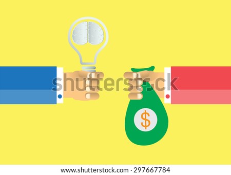 Exchange light bulb idea and money. business idea concept. vector. infographics. money bag. brain. yellow background.