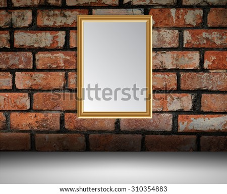 gold frame on the Old grunge brick wall. text box. art