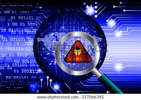 Magnifying Glass scanning and identifying a computer virus.Antivirus protection computer security concept.PC.one zero.scan. technology digital website internet web. World Map,Global.binary digit.blue