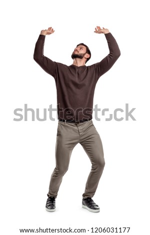 Similar – Image, Stock Photo A man carries a Christmas tree in a net on his shoulders between felled and erected fir trees and removes himself / systemically relevant / Christmas tree buying