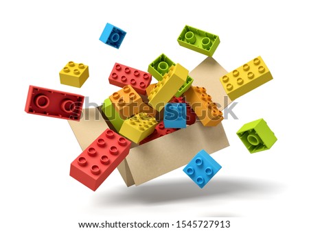 3d rendering of cardboard box in air full of colorful toy bricks which are flying out and floating outside. Children's goods. Toys and games. Toy manufacture.