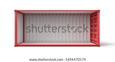 3d rendering of open empty red shipping container side view isolated on white background. Digital art. Objects and materials. Transportation and delivery. 商業照片 © 
