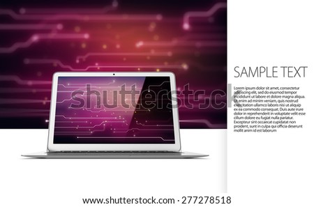 Modern laptop on tech background with text