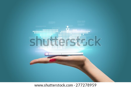 Illustration of a woman hand with mobile phone on it with graphics