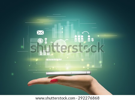 Illustration of a woman hand with mobile phone on it with graphics