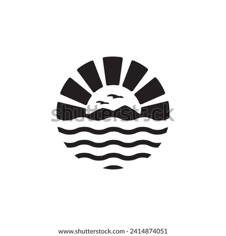  summer beach mountain sea ocean with birds and sun island logo design inspiration