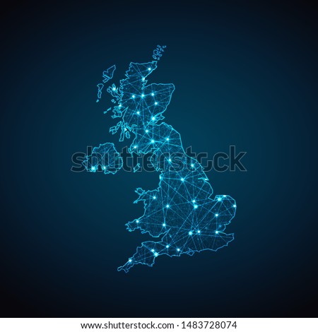 Abstract geometric mesh polygonal light United Kingdom map. Business wireframe mesh spheres from flying debris. Blue structure style vector illustration concept.