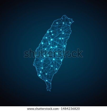 Abstract geometric mesh polygonal light Taiwan map. Business wireframe mesh spheres from flying debris. Blue structure style vector illustration concept.