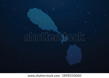 Saint Kitts Nevis dotted map in futuristic style, glowing outline made of stars lines dots. Communication, internet technologies concept on dark blue space background. Vector illustration.