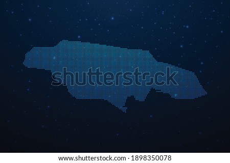 Jamaica dotted map in futuristic style, glowing outline made of stars lines dots. Communication, internet technologies concept on dark blue space background. Vector illustration.