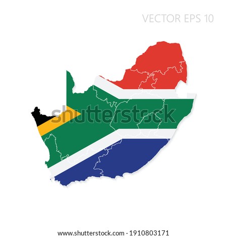 South Africa map with flag and shadow isolated on white background. Vector illustration EPS10.