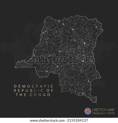 Democratic Republic of the Congo map abstract geometric mesh polygonal light concept with black and white glowing contour lines countries and dots on dark background. Vector illustration.