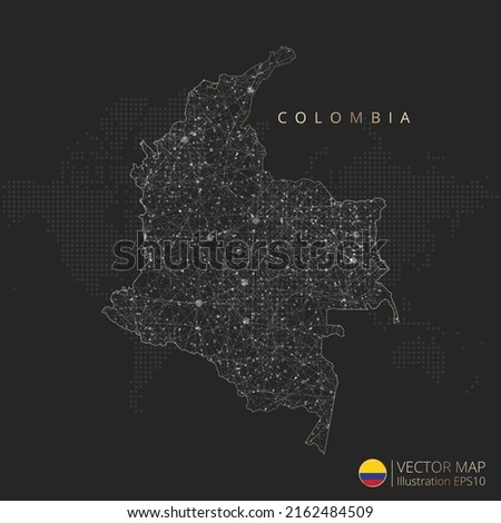 Colombia map abstract geometric mesh polygonal light concept with black and white glowing contour lines countries and dots on dark background. Vector illustration.