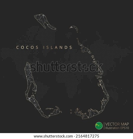 Cocos Islands map abstract geometric mesh polygonal light concept with black and white glowing contour lines countries and dots on dark background. Vector illustration.