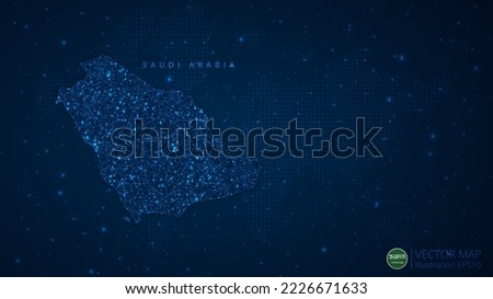 Map of Saudi Arabia modern design with polygonal shapes on dark blue background. Business wireframe mesh spheres from flying debris. Blue structure style vector illustration concept.