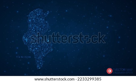 Map of Tunisia modern design with polygonal shapes on dark blue background. Business wireframe mesh spheres from flying debris. Blue structure style vector illustration concept.