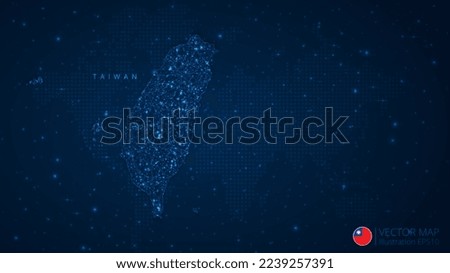 Map of Taiwan modern design with polygonal shapes on dark blue background. Business wireframe mesh spheres from flying debris. Blue structure style vector illustration concept.