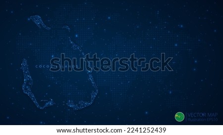 Map of Cocos Islands modern design with polygonal shapes on dark blue background. Business wireframe mesh spheres from flying debris. Blue structure style vector illustration concept.
