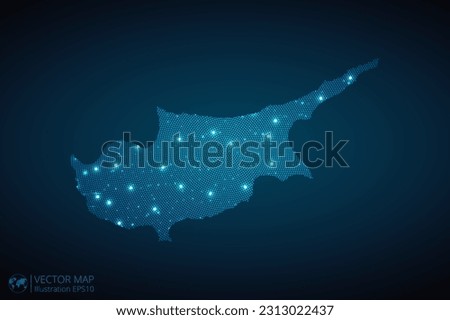 Cyprus map radial dotted pattern in futuristic style, design blue circle glowing outline made of stars. concept of communication on dark blue background. Vector EPS10