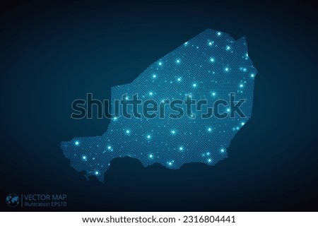 Niger map radial dotted pattern in futuristic style, design blue circle glowing outline made of stars. concept of communication on dark blue background. Vector EPS10