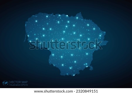 Lithuania map radial dotted pattern in futuristic style, design blue circle glowing outline made of stars. concept of communication on dark blue background. Vector EPS10