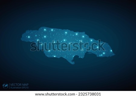 Jamaica map radial dotted pattern in futuristic style, design blue circle glowing outline made of stars. concept of communication on dark blue background. Vector EPS10