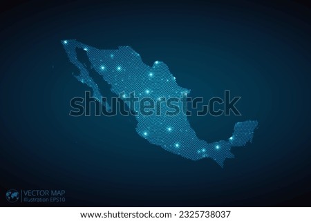 Mexico map radial dotted pattern in futuristic style, design blue circle glowing outline made of stars. concept of communication on dark blue background. Vector EPS10