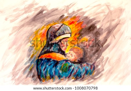 Painting Lifeguard day illustration. A Fireman with a baby in the background of fire. Watercolor and acrylic on paper. Area for text.
