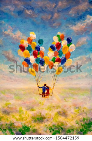 Young couple in love fly on air balloons illustration. Fantasy art contemporary painting with many flying balloons modern art for book