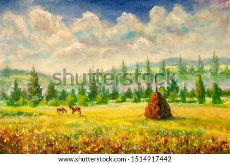 beautiful village rural landscape farm country impressionism plein air painting agriculture fields countryside illustration