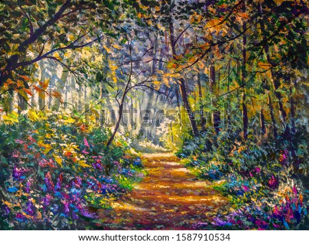 Original artistic modern impressionism hand painting Path sunny footpath road in sunlight park alley forest rural landscape watercolor drawing oil art nature tree artwork