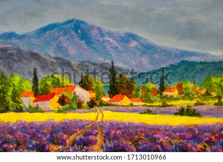 Impressionism oil painting Small houses in lavender fields at sunrise Provence, France artwork. Beautiful summer landscape. Famous travel destination illustration