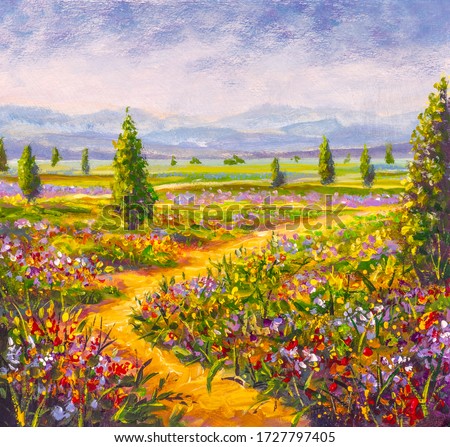 Original oil painting Road in flower field, beautiful summer wildflowers, trees and mountains on canvas. Modern Impressionism artwork.