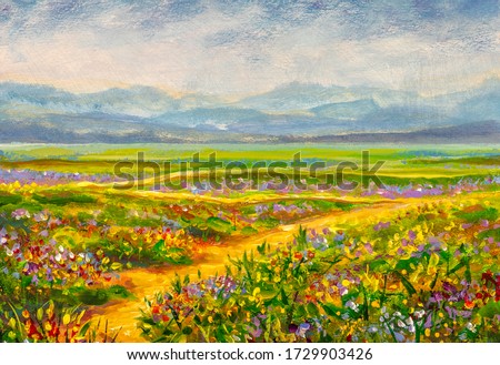 Original oil painting of country road in flowers fields on canvas.Modern Impressionism