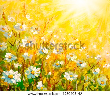Meadow in spring and summer under the sun. Panorama in the form of daisies in the meadow. Wallpaper in soft light. Original oil painting 