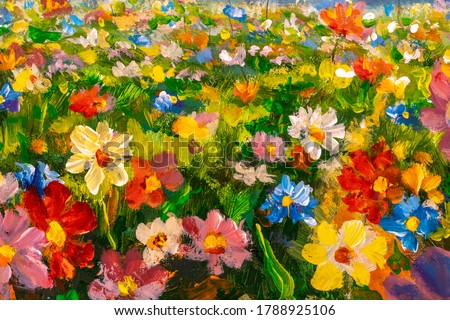 Flowers texture oil painting, Art Painted wildflowers Image color, handmade paint brush by artist's canvas, impressionism modern fine art