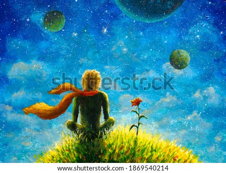 Little boy prince and rose flower on a beautiful fairy planet. Illustration for children book of fairy tales or poster