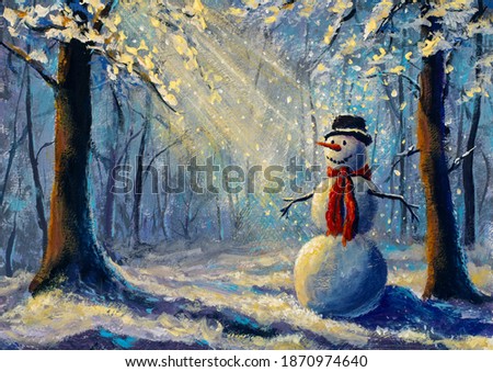 Oil painting happy snowman illuminated by rays of sun in winter forest modern art watercolor artwork