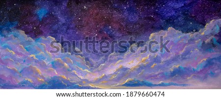 Panoramic beautiful landscape with night starry sky fantasy clouds over mountains hill handmade oil painting watercolor fantasy art panorama banner.