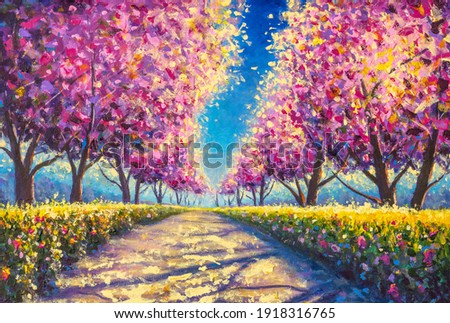 cherry sacura blossom alley painting. sacura park Oil Painting landscape.