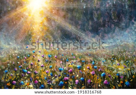 Flowers on wildflowers field during sunrise painting on canvas. Beautiful natural landscape in summer time modern artwork