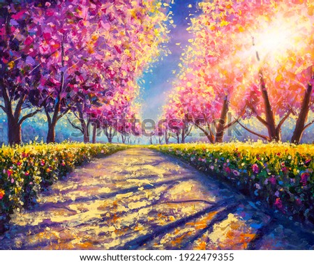 blossoming alley park of pink sakura - sunny acrylic painting on canvas
