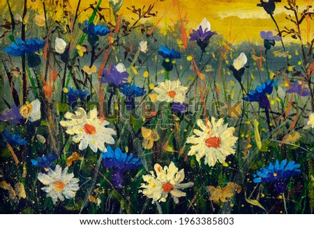 White daisies flowers blue cornflowers paintings monet painting claude impressionism paint landscape flower meadow oil