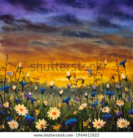 Original oil painting of white daisies flowers blue cornflowers flower, beautiful blooming field on canvas. Wildflowers. Modern Impressionism. Impasto artwork.