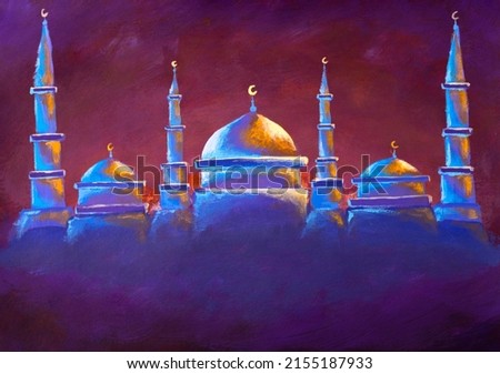 Painting Mosque free place for text . Hand drawn muslim Mosque sight. Watercolor artwork arabian illustration with gold night Mosque Dubai