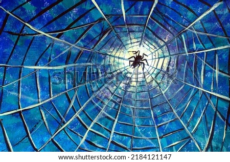Fantasy art comics iilustration big spider on the web Hand drawing watercolor on canvas. Artistic print. Original modern painting. Acrylic dry brush background. 