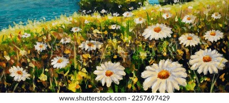 panorama banner wall decor wild nature Modern art painting summer flower landscape illustration white large field daisies in grass closeup wild plant watercolor painting